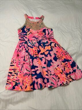 Lilly Pulitzer Girls Beaded Halter Floral Dress - Pink, Navy & Coral